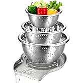 Palksky Stainless Steel Colander Set with Self-Draining Base, 3 Sizes Colanders &amp; Food Strainers for Pasta, Rice, Fruits &amp; Veggies, Metal Colander with Draining Plate for Sink or Countertop