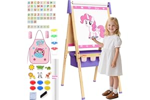 DOERPUZ Art Easel for Kids, Adjustable Standing Wooden Toddler Easels, Kids Whiteboard & Blackboard with Paper Roll, Dry Erase Board, Drawing and Painting for Aged 2-4, 5-7, 8-12, Art Supplies Included