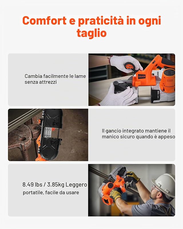 Sega a Nastro Portatile da 20 V, Taglio Profondo da 65 mm, 360 W con Motore Brushless, Portatile e Compatta Senza Fili, Ganci per Appendere, Velocità Variabile, Solo Utensile Nudo