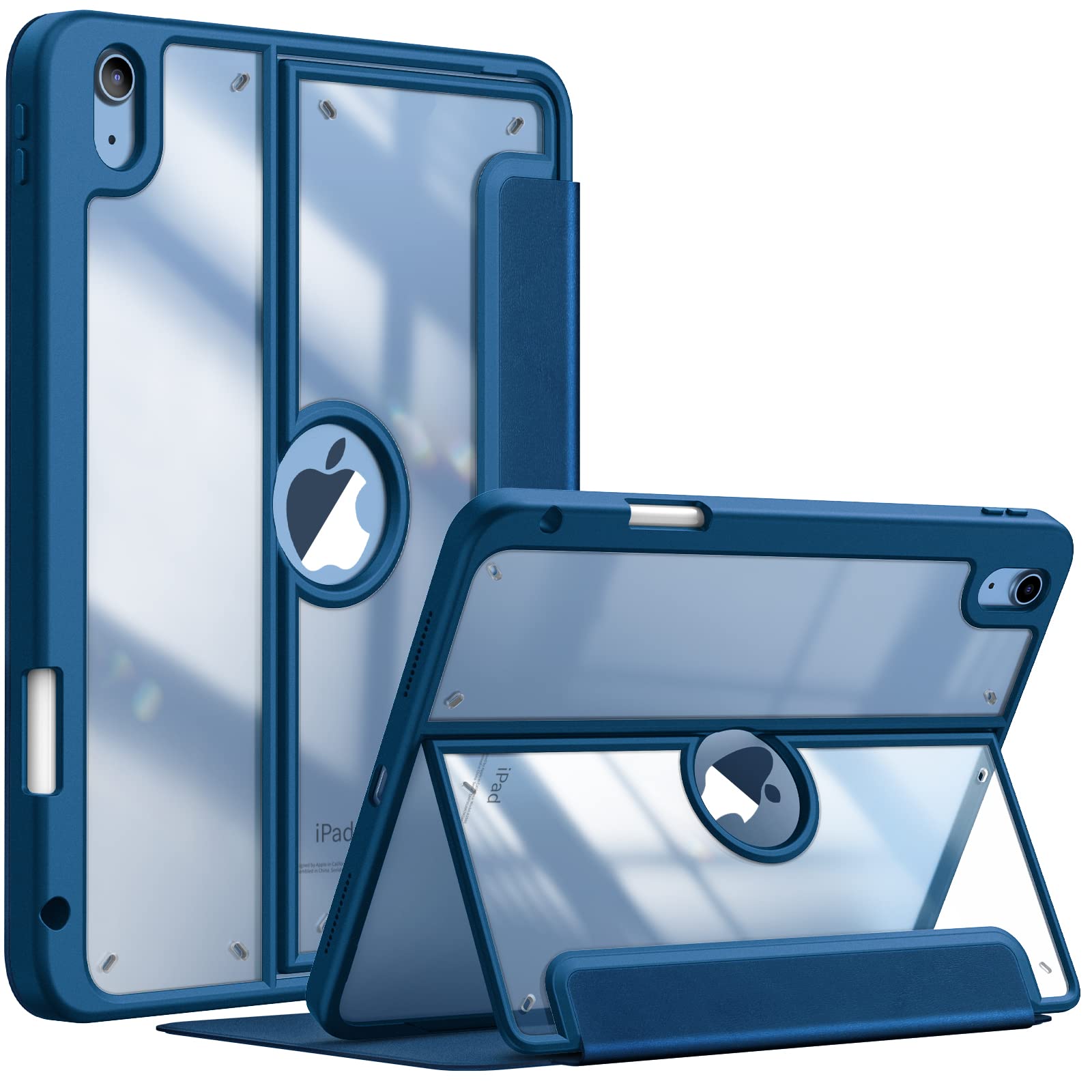 Fintie Clear Case for iPad 10th Generation 10.9 Inch Tablet (2022 Release) - Multiple Angles Viewing Shockproof Soft TPU Cover with Transparent Back Shell & Pencil Holder, Marine Blue