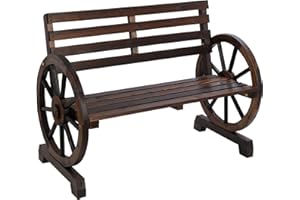 pnochoo SULIVES Wooden Wagon Wheel Outdoor Benches Furniture wheatherproof,2 Person Outdoor Front Porch Furniture with Outdoor Decor,Rustic Backyard Patio Bench for Outside,Carbonized