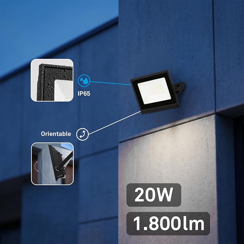- Holofote LED exterior com luz branca neutra, 20W 1800 lm, ajustável, IP65 resistente ao pó e à água, foco LED exterior, para jardim e garagem, 11 x 14,5 x 3 cm, preto — foto 3 de 8