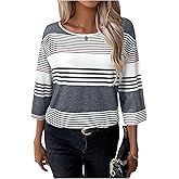 SweatyRocks Women's Striped 3/4 Sleeve Drop Shoulder T Shirt Loose Casual Scoop Neck Tee Tops