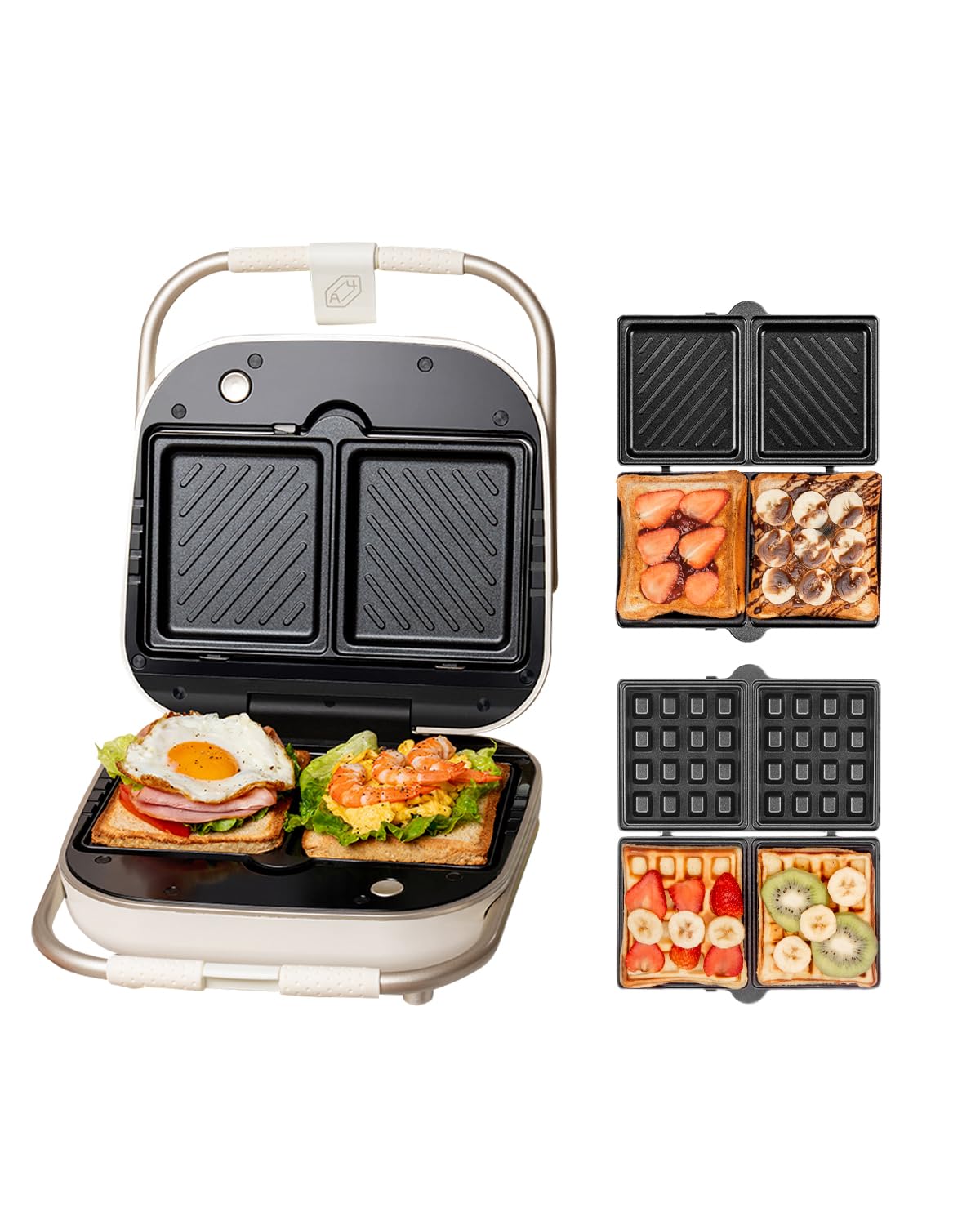 SOLEMOOD ホットサンドメーカー 耳まで焼ける 電気 ワッフルメーカー 着脱式 コンパクト マルチサンドイッチ 厚焼 ダブル 両面 プレート２種類 ホットサンドマシン ワッフルプレート付き 丸洗い お手入れ簡単 新生活 家族 ポータブル (アイボリー)