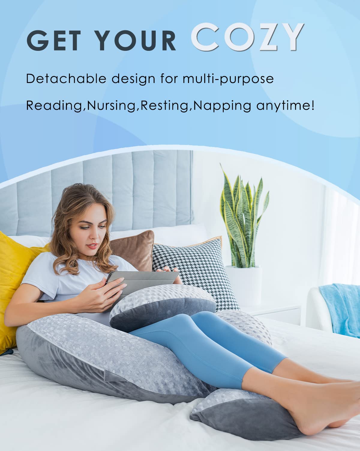 QUEEN ROSE Pregnancy Pillows, E Shaped Full Body Pillow for Sleeping, with Pregnancy Wedge Pillow for Belly Support, 60 Inch Maternity Pillow for Side Sleeper, Grey Velvet