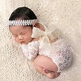 Ylsteed Newborn Photography Outfits Girl Baby Photography Props Lace Romper Newborn Baby Photo Shoot Outfits Girls Photo Props (Wheat headband+White Set)