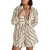 Aisongyuan Women's Striped 2 Piece Outfits Casual Button Down Shirts and Shorts Drawstring Pajamas Lounge Matching Sets