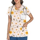 LOMON Women's V Neck Printed Scrub Top with 3 Pockets | Soft Knit Strectchy Scrub Shirts, Short Sleeve Pattern Cartoon Fun Scrubs Nurse Uniform