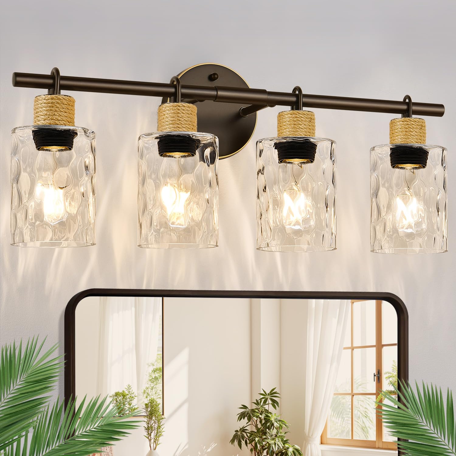 Photo 1 of 2025 Upgrade Bathroom Light Fixtures, 4-Light Coastal Vanity Lights with Crystal Glass Shade, Oil-Rubbed Bronze Bathroom Wall Lamp for Mirror Kitchen Hallway Cabinet