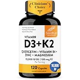 Vitamin D3 K2 10000 IU 120mcg Magnesium Zinc B6 Quercetin Capsules 120 Ct | 6-in-1 D3+K2 Supplements Supports Bone, Immune And Muscle Health, Gluten-Free, 4-Month Supply, USA Made by Sandhu's