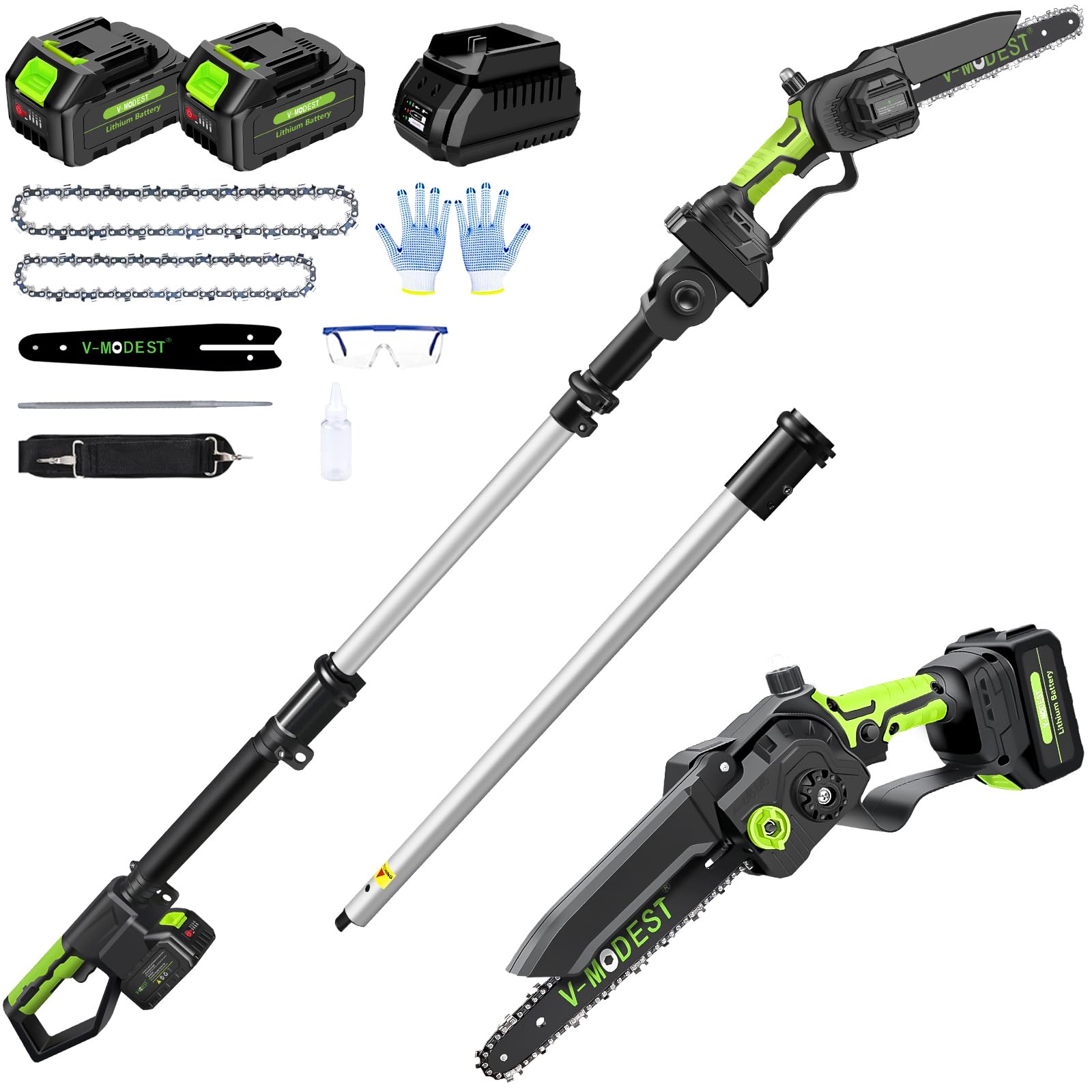 Photo 1 of 2-IN-1 Cordless Pole Saw 8 inch &6 inch, 2 * 4.0Ah Battery Powered Pole Saws for Tree Trimming, Brushless Electric Rotatable Pole Saw with 15ft Max Extension Pole for Tree Branches Wood Cutting