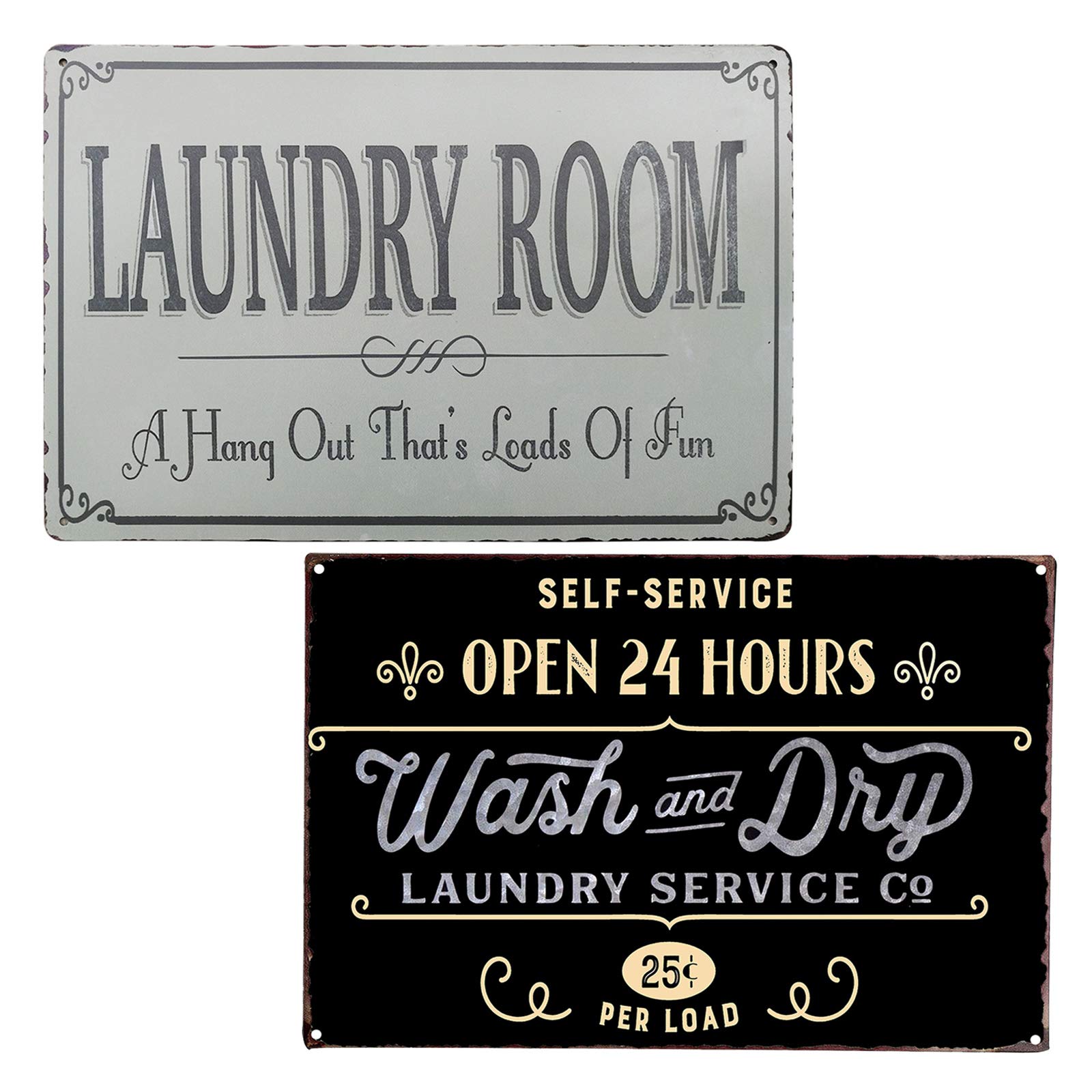 PXIYOU Laundry Room Self-Service Open 24 Hours Wash and Dry Vintage Metal Sign for Washroom Home Decoration 2Pcs-8X12Inch
