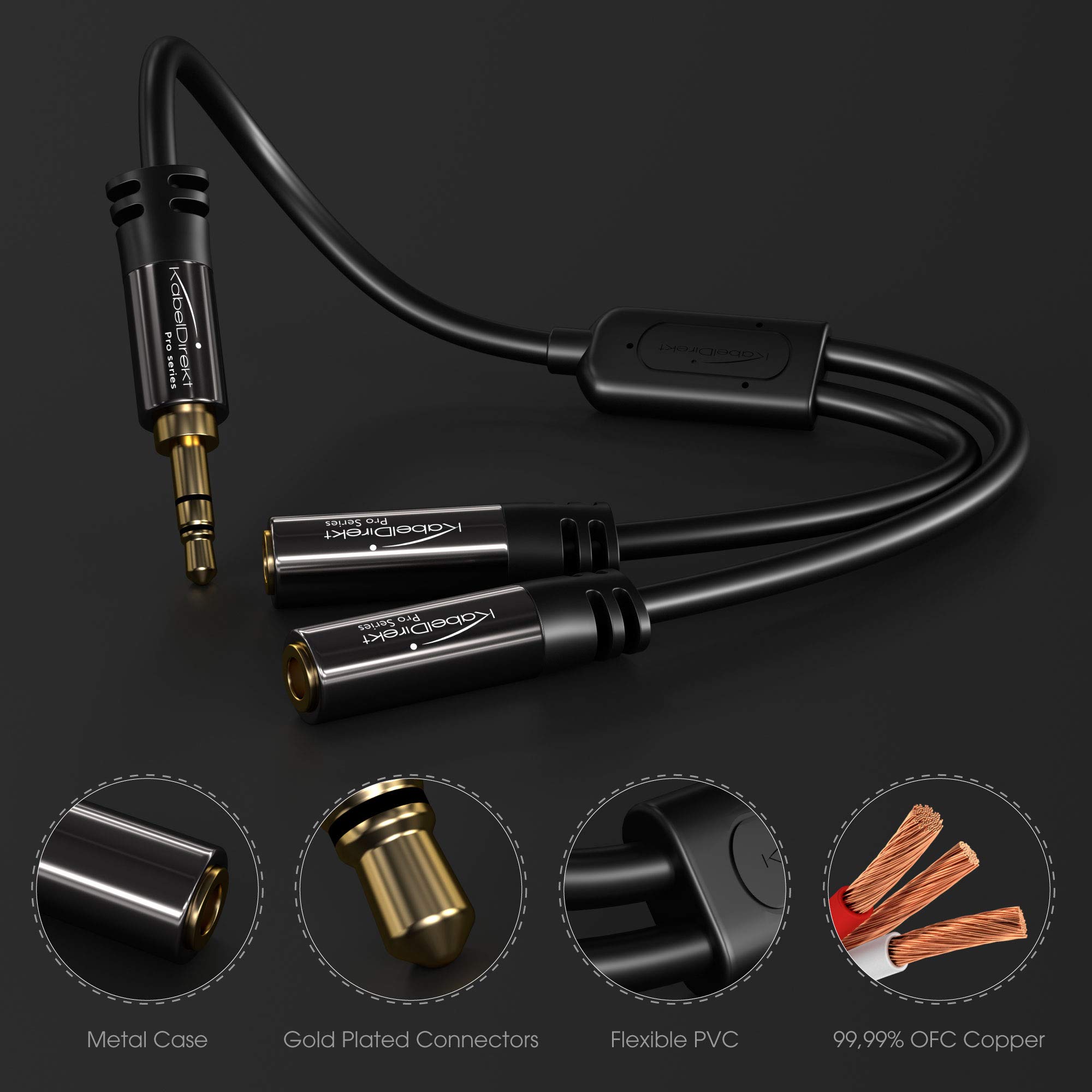Y Stereo Splitter (1 x 3.5mm Male to 2 x 3.5mm Female, PRO Series) supports (Produces Equal Audio Output for Headphones, Earphones, and Speakers) by KabelDirekt