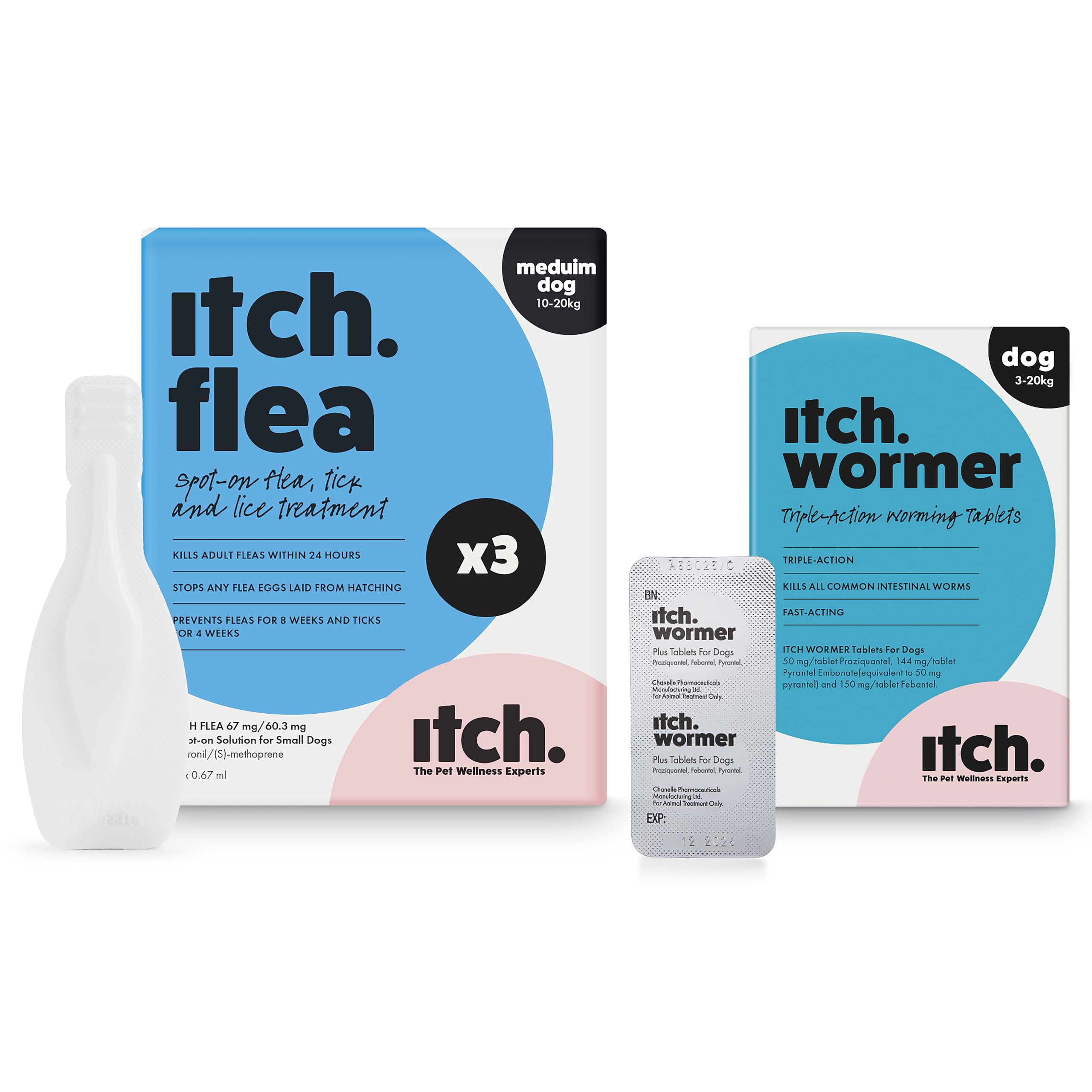 Itch - Medium Dog Flea & Tick Treatment and Wormer Bundle for Dogs - Dogs 10kg - 20kg - 3 Flea Pipettes and Itch Wormer-2 Tablets