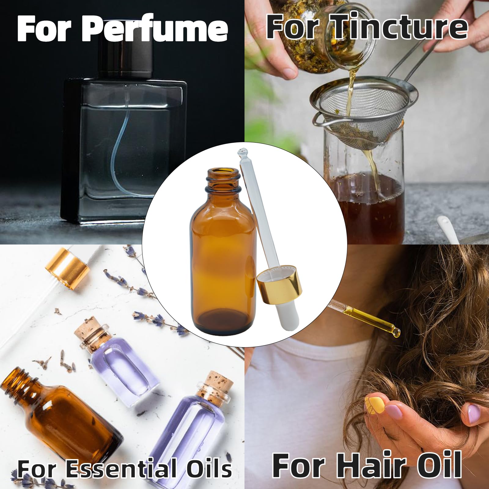 4 PACK 2 oz Amber Glass Dropper Bottle, Golden Cap 60 ml Dropper Bottles, Tincture Bottle for Essential Oils, Liquids - Leakproof Travel Bottles