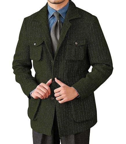 Men's Herringbone Tweed Blazer Vintage Three Button Sport Coats