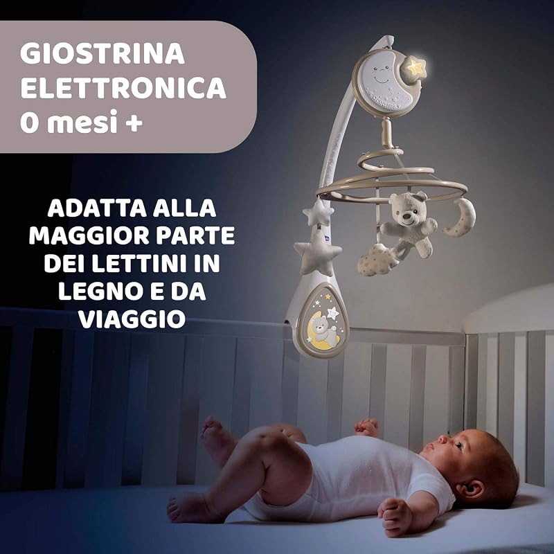 Next2Dreams Giostrina Neonato 3in1 con Carillon Elettronico per Culla e Lettino, Compatibile con Culla Chicco Next2Me, con Effetti Sonori, Proiettore di Luce Soffusa, Musica - 0+ Mesi, Neutro