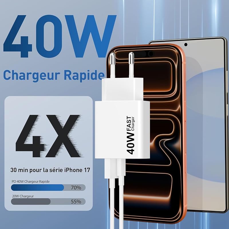 40W Chargeur Rapide pour iPhone 17 Pro Max 17 Air iPhone 16 15 Pro Max Plus 16e, iPad S25 S24 Ultra S23/S22 S21 S20,Dual Ports USB A and C Prise Chargeur Adaptateur Et 2M Cable C vers C Câble(2Pack) — photo 2 sur 8
