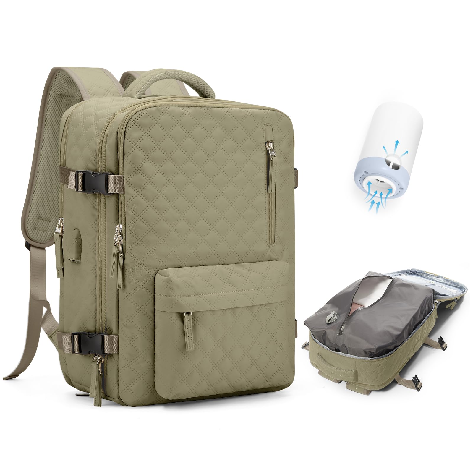 Photo 1 of Travel Vacuum Storage Backpack with Air Pump Vacuum Seal Compression Space Saver Bags Clothing Vacpack 18x14x8 inches Travel Bag Carry on Personal item Laptop Work Backpacks Women Men Khaki