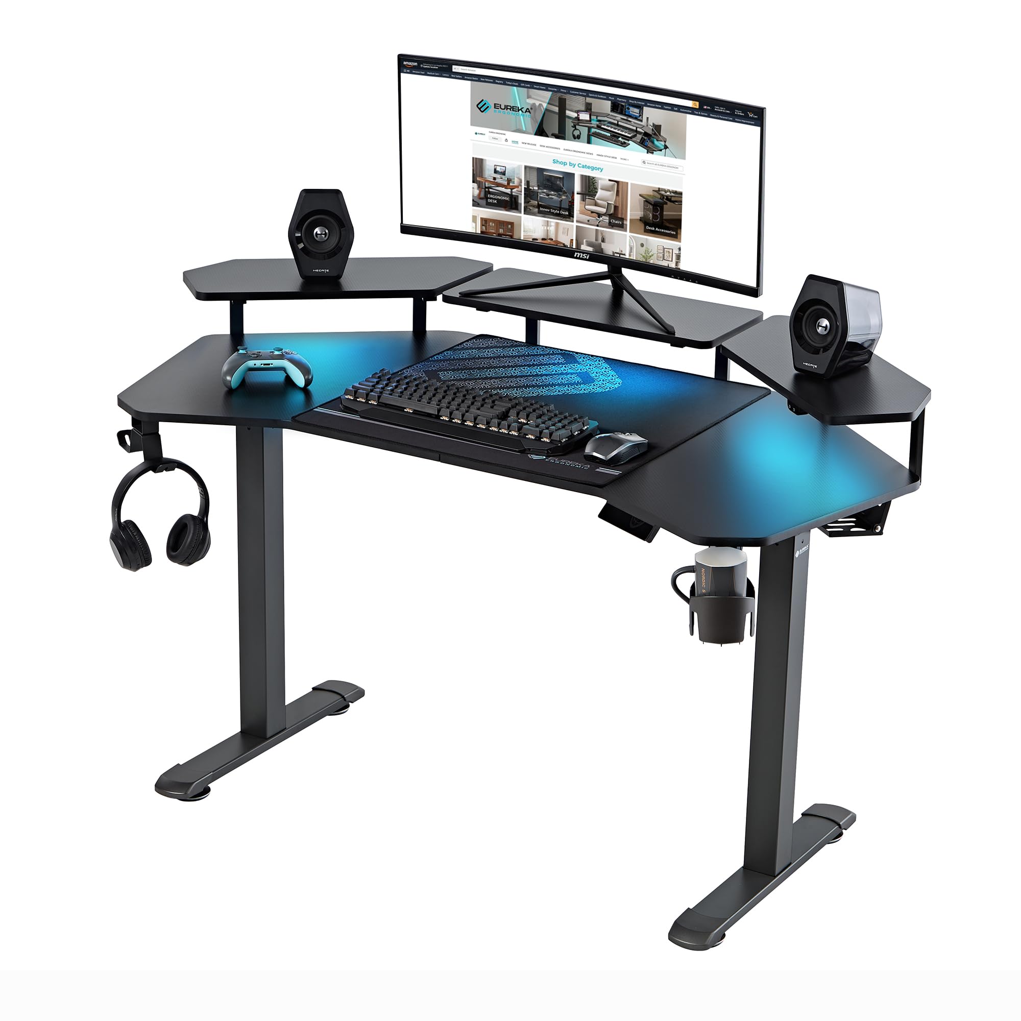 EUREKA ERGONOMIC Aero Escritorio eléctrico de pie en forma de W de 55 pulgadas, escritorio para juegos de computadora de altura ajustable con estante para monitor LED, alfombrilla para mouse, gancho para auriculares, portavasos, negro carbón
