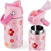 Kids Water Bottle for School 12 oz,Insulated Stainless Steel Water Bottle for Kids,Water Bottles for Toddler Girls Boys with Pop-Up Straw-Cap(Flower)