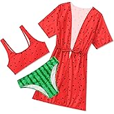 AIDEAONE 5-16T Girls Bathing Suit 3 Piece Swimsuit Drawstring Quick Dry Tankini with Cover Ups