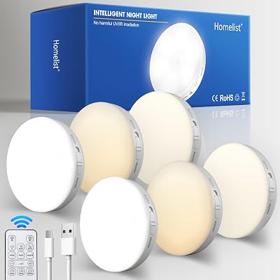 Homelist Puck Lights with Remote 6 Pack LED Rechargeable Motion Sensor