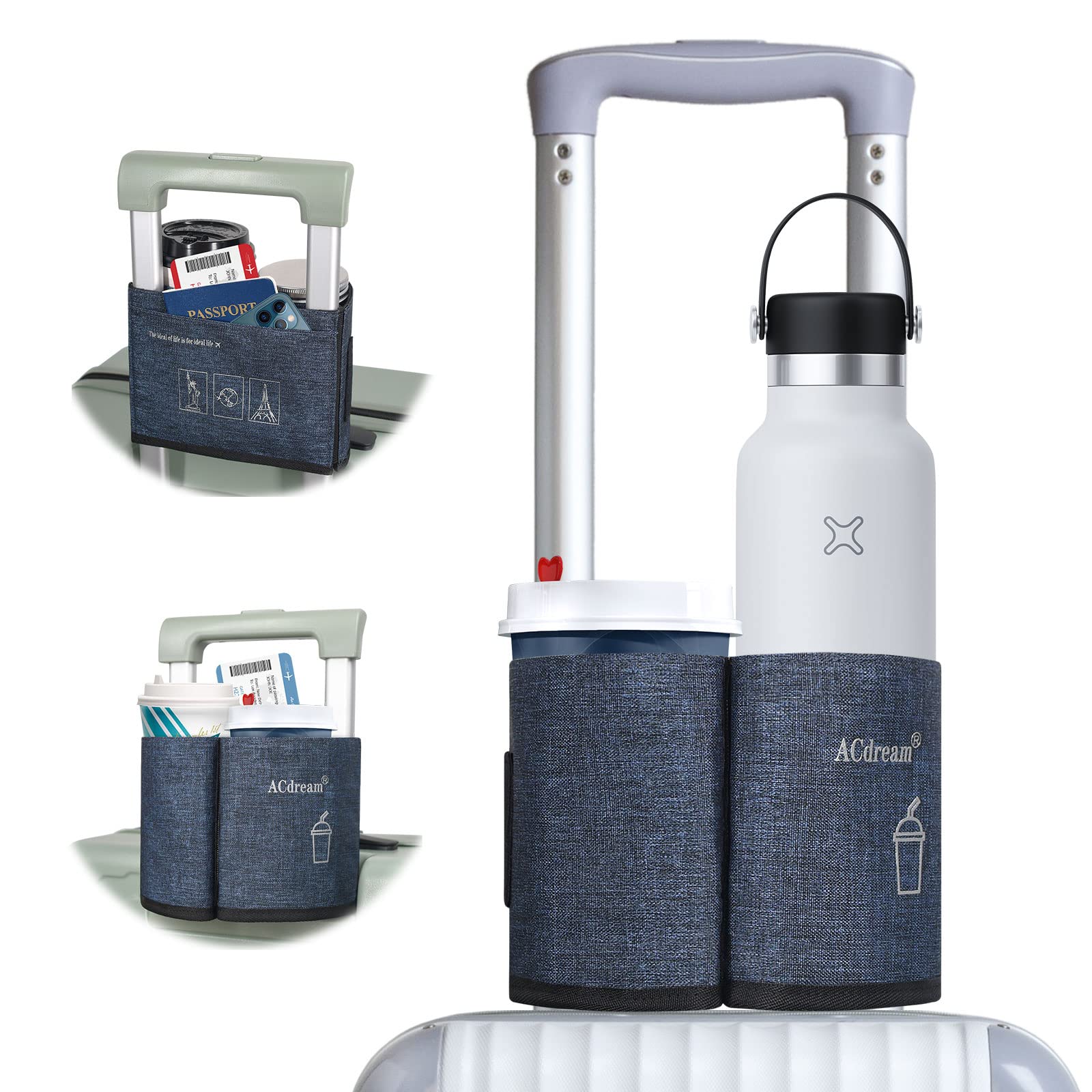 ACdream Luggage Cup Holder, Suitcase Drink Carrier, Free Hand Portable Water and Coffee Caddy Attachment, Flight Attendant Gift Gadgets, Airport Travel Accessories for Airplane, Navy Blue