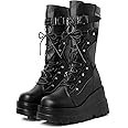 mikarka Womens Holographic Platform Mid Calf Combat Boots Lace Up Wedge Heel Studded Goth Knee High Boots