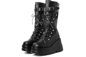 mikarka Womens Holographic Platform Mid Calf Combat Boots Lace Up Wedge Heel Studded Goth Knee High Boots