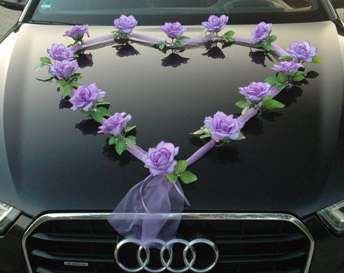 Organza Heart Bride Couple Rose Decoration Car Decoration Wedding Car Wedding Decoration Garland Car (Purple/Purple)