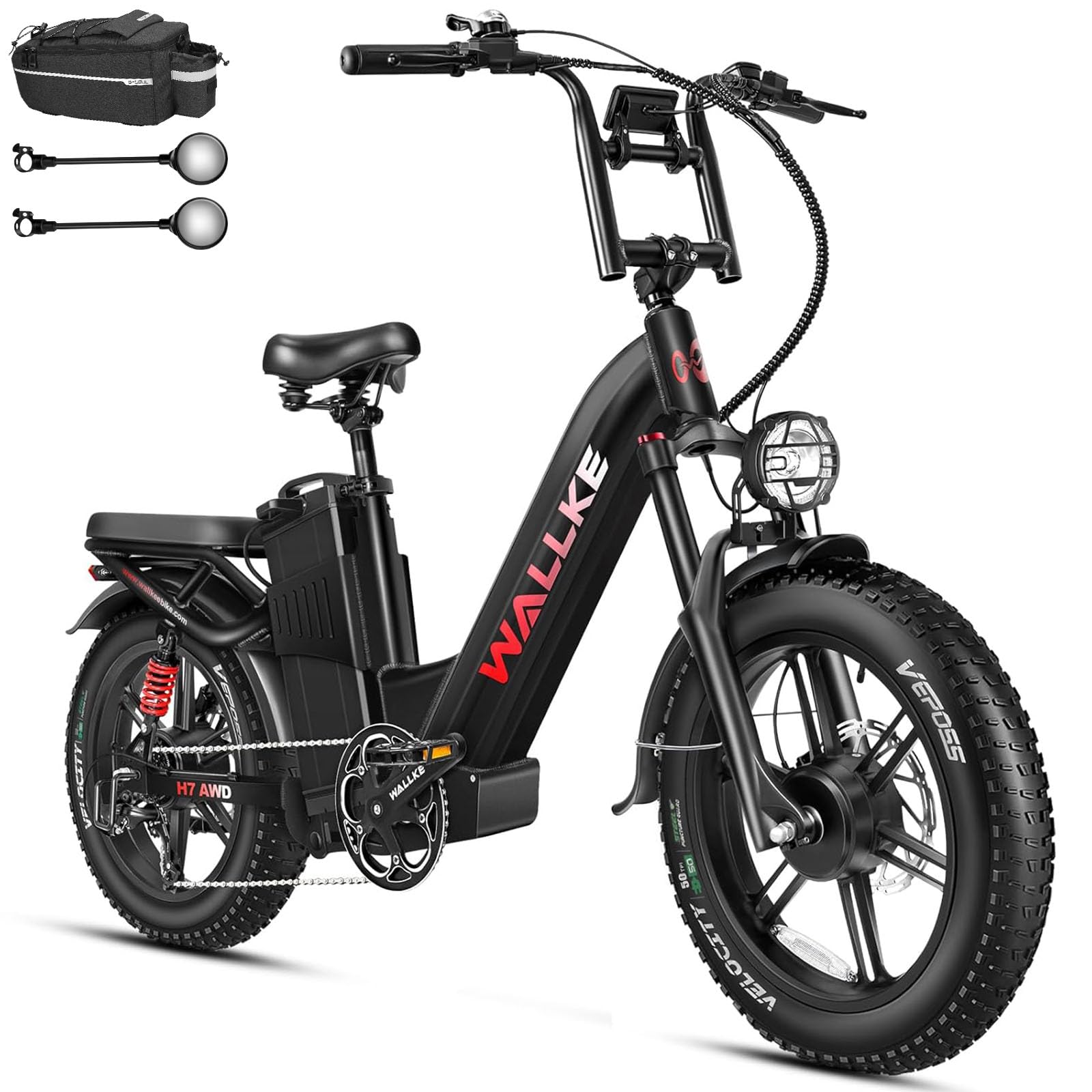 W Wallke H7 AWD Dual Motor Electric Bike for Adult, 48V 60Ah/40Ah Removable Battery, Long Range 32-34MPH Fast Ebike, 20" Fat Tire Mountain Offroad All Terrain Full Suspension E-Bicycle, UL2849 List
