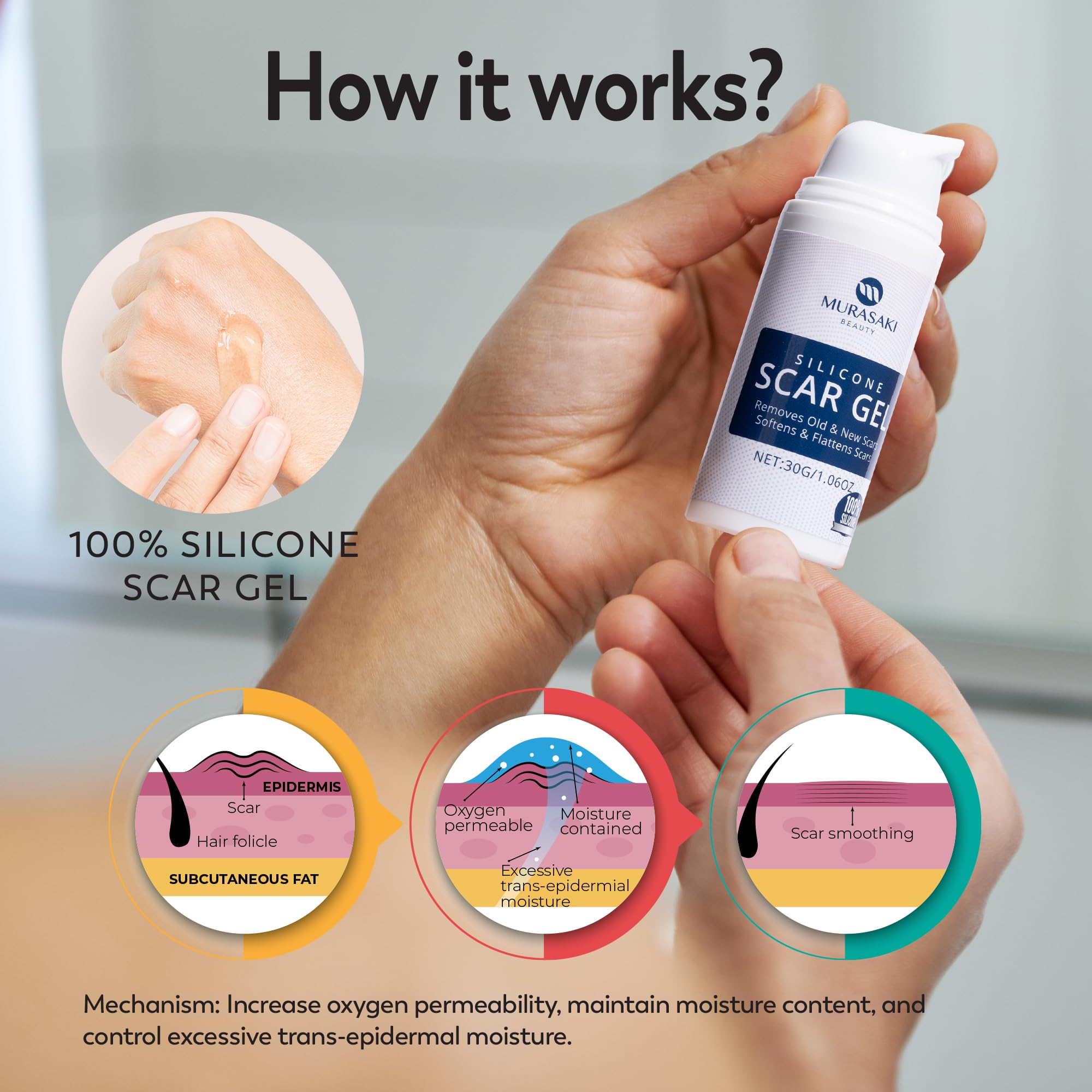 100% Silicone Scar Gel Scar Cream - Advanced Scar Gel for Surgical Scars, C-Section, Stretch Marks, Acne, Injury, Burns, Keloids, Old and New Scars 1.06oz(30g) (Maximum Strength 100% Silicone)