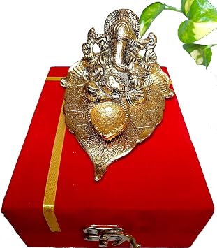 IR Creations Beautiful Ganesha on Leaf - Ganesh with Diya - Lord Ganesha Metal Hand Carved for Home Decorative Gift Puja | Diwali Gifts