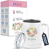 Just So Posh Grams Flowers Tumbler, Coffee Mug with Handle and Slider Lid, White 15 oz Polar Camel, Stainless Steel, Vacuum Insulated