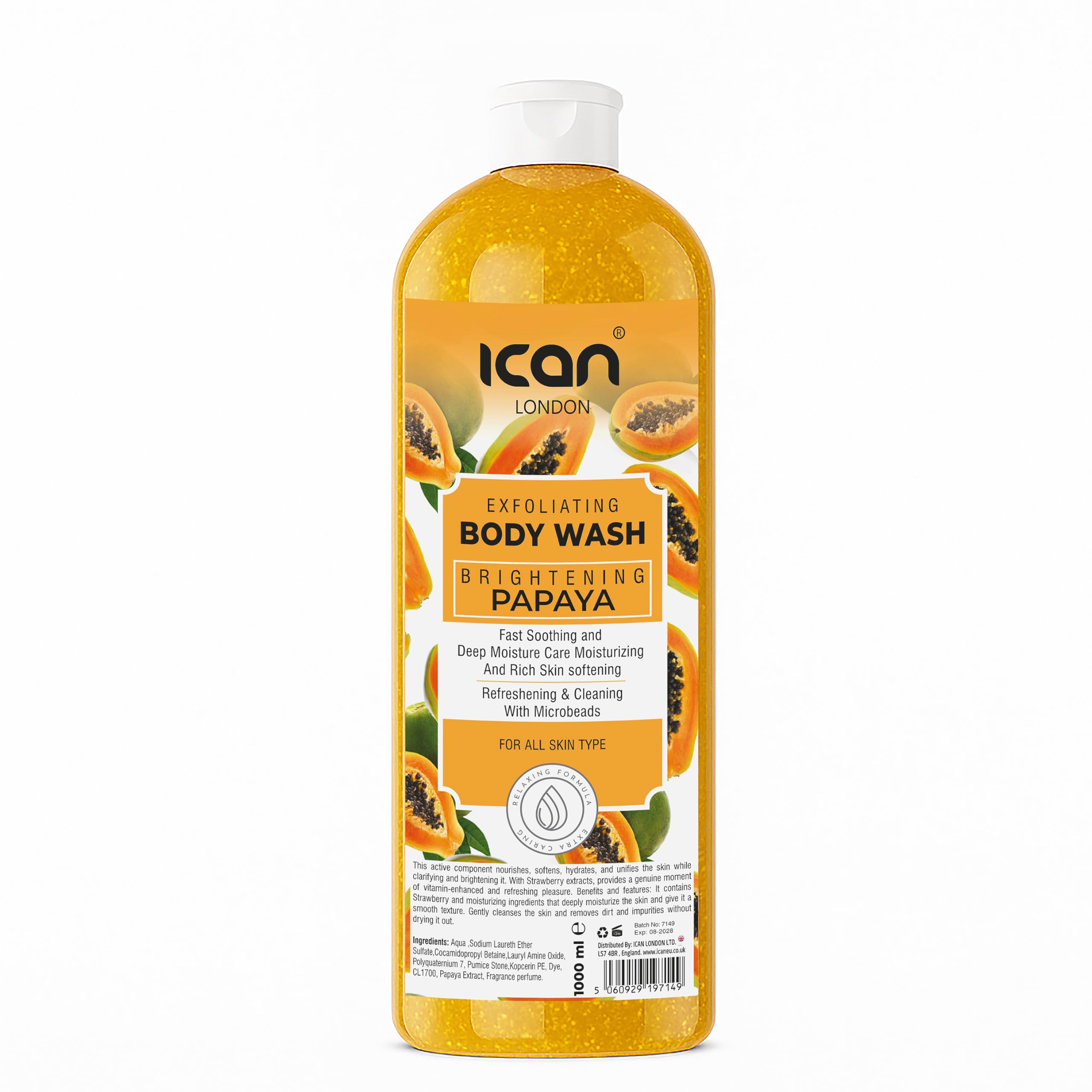 Ican London Papaya Brightening, Exfoliating Body Wash, 1000ml