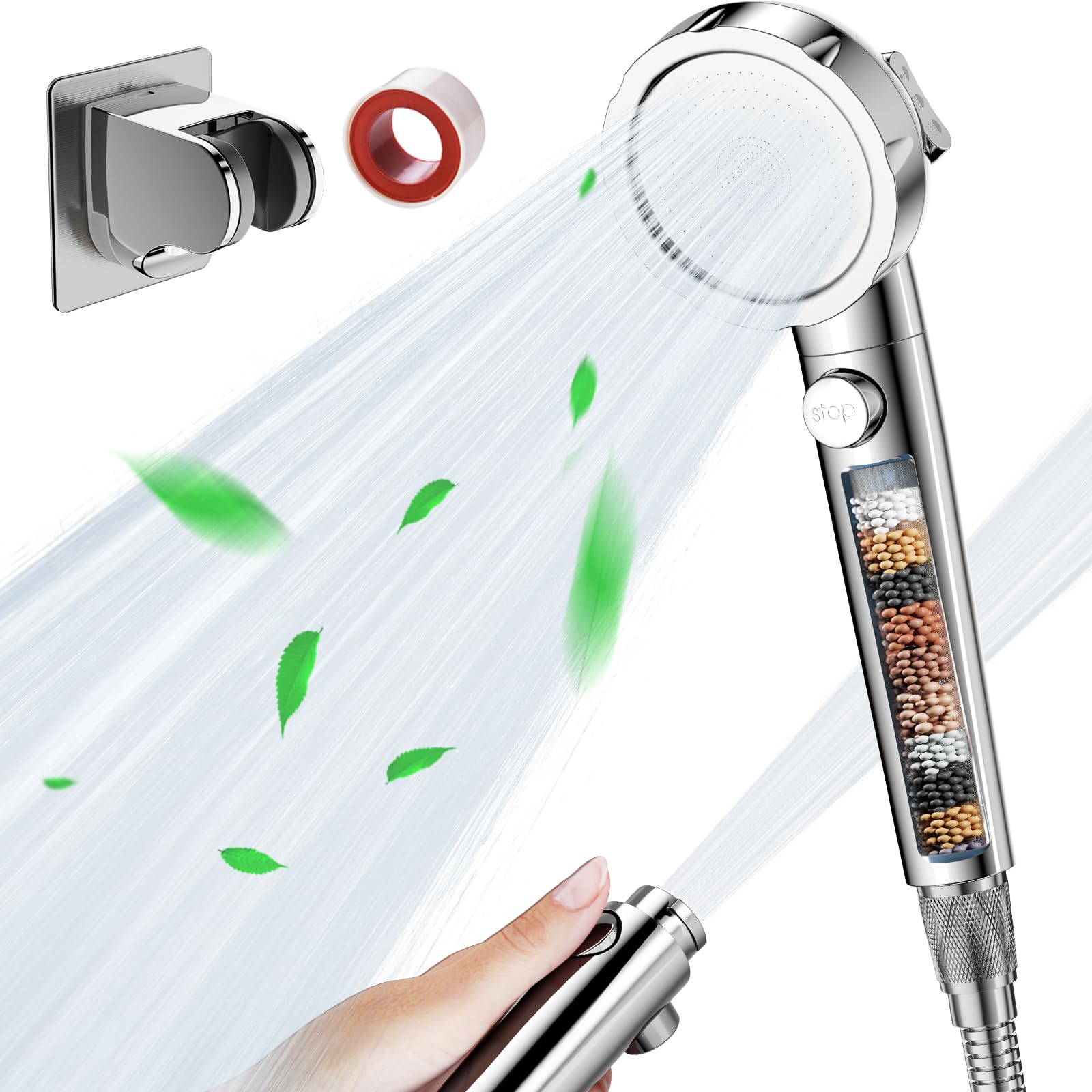 KAIYING Duschkopf mit Filter Gegen Kalk, Schlauch & Halterung (Chrome) 2