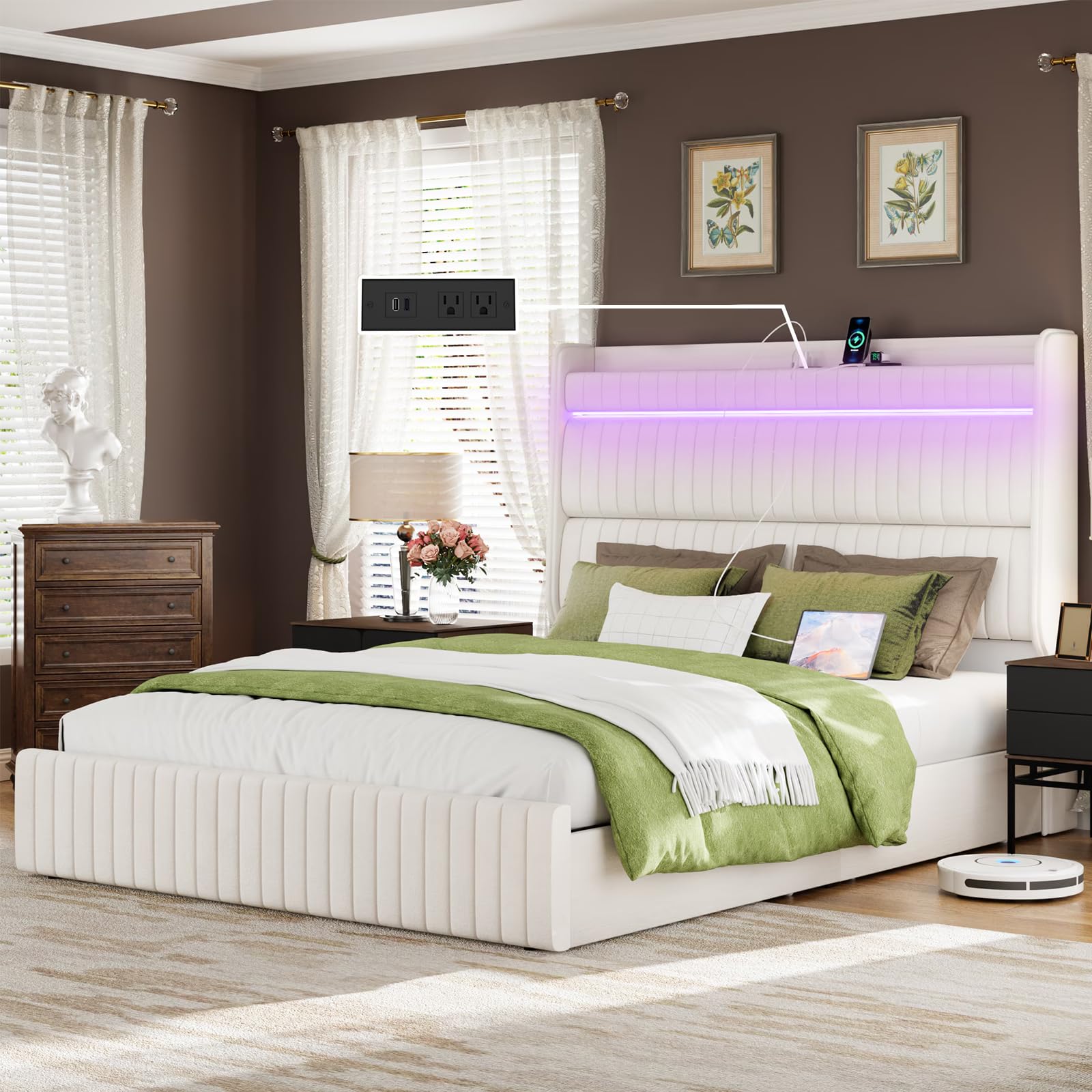 Photo 1 of *Missing Parts*
Kiivakii Queen Size Bed Frame with 4 Storage Drawers, Velvet Upholstered Headboard Platform Bed with LED Lights & Charging Station, Stable & Solid with Wood Slats, No Box Spring Needed, Beige