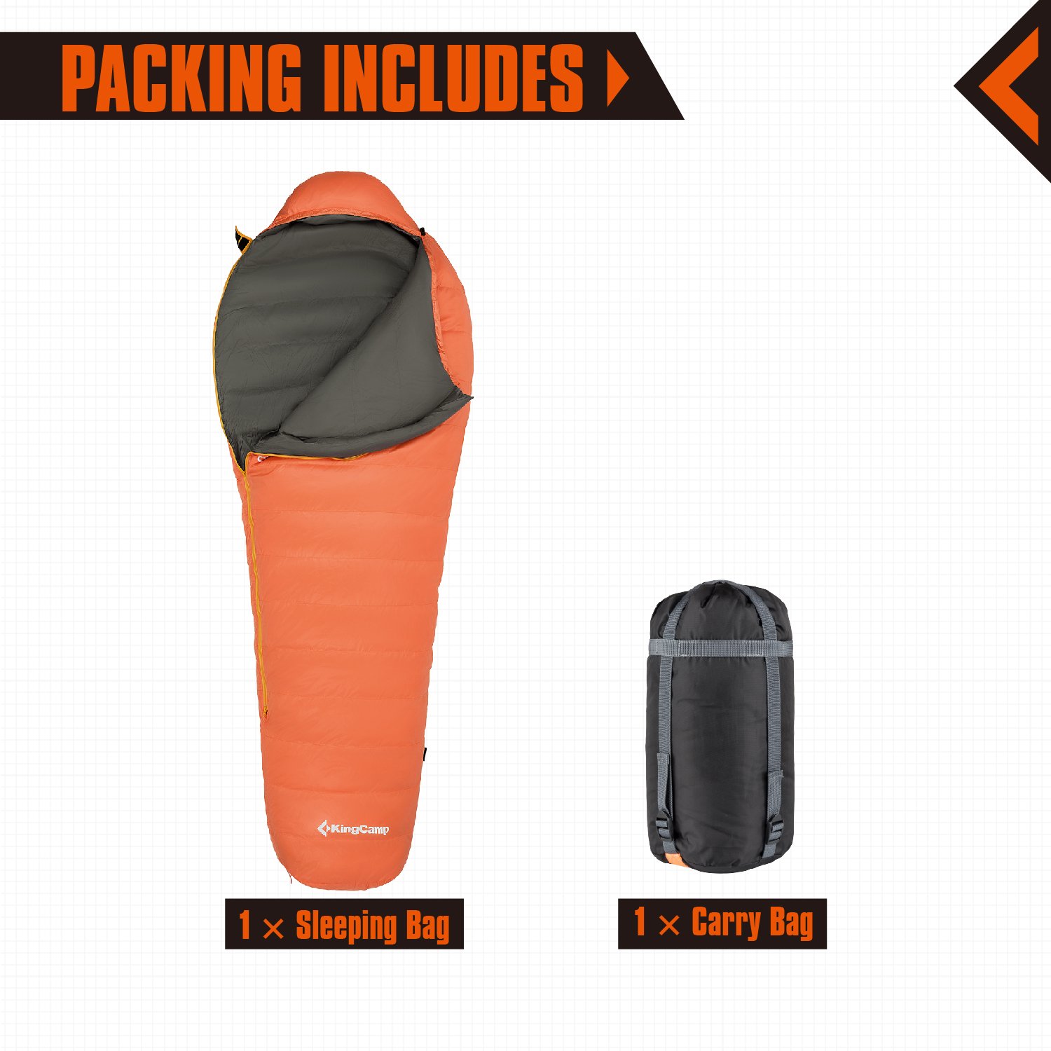 KingCamp Ultralight Mummy -10 Degree C / 14℉ Down Adult Sleeping Bag with Compression Sack Orange