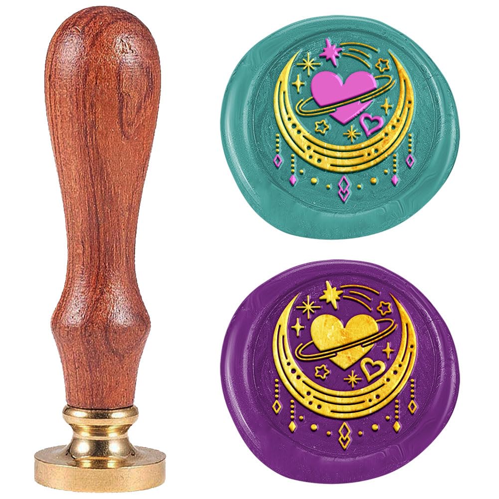 DELORIGIN Moonheart Wax Seal Stamp Removable 1" Brass Sealing Wax Stamp Head with Wooden Handle Vintage Embossed Stamp for Envelope Greeting Card Letter Wedding Invitations Wine Gift Wrapping Decor