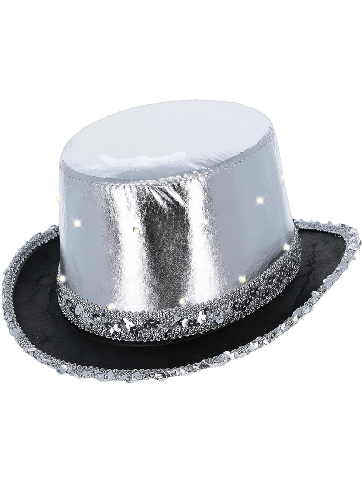 Smiffys LED Light Up Metallic Top Hat, Silver with Elastic Inner Rim, Party & Carnival Fancy Dress, Adult Dress Up Hats