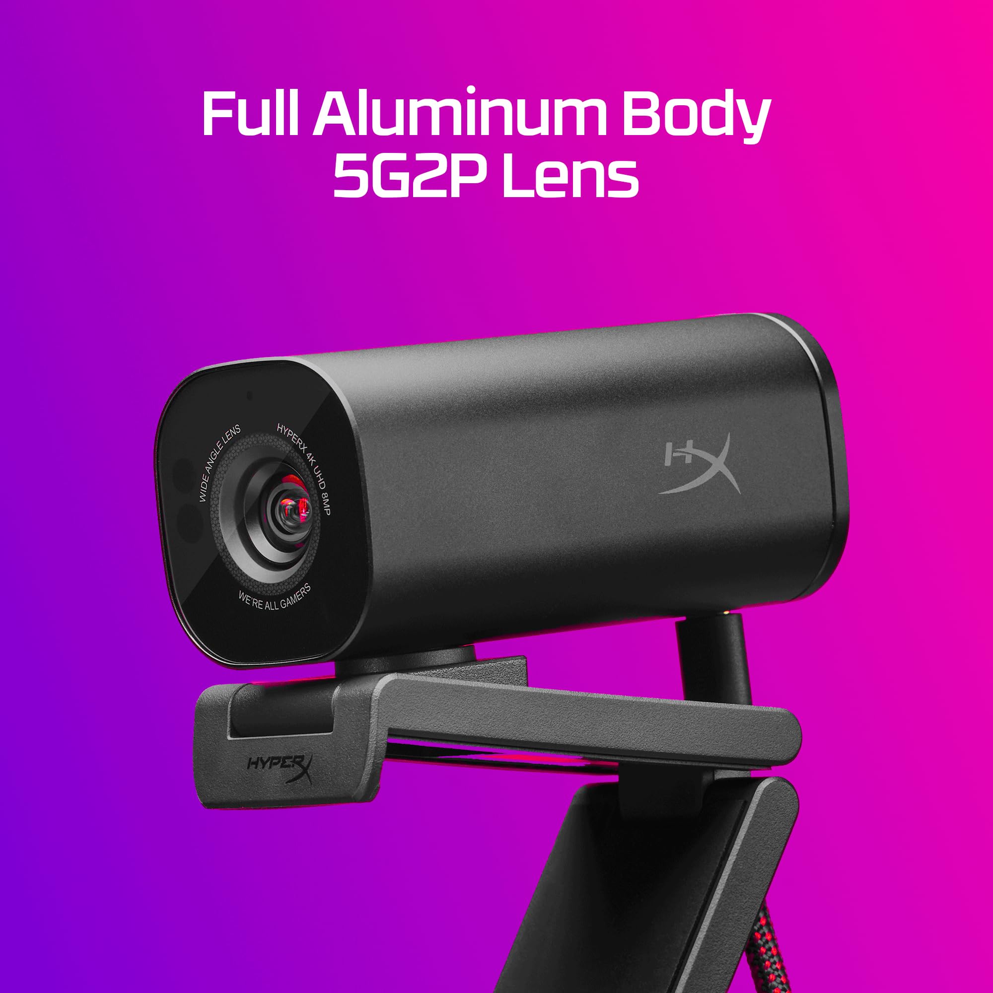 HyperX Vision S – Webcam, 4K Video Recording @ 30fps, 90° Field-of-View, Responsive Autofocus, Hyperflex Cable, Aluminum Body, Plug and Play, Sony Starvis 8MP Sensor, 5G2P Lens, USB-C – Black