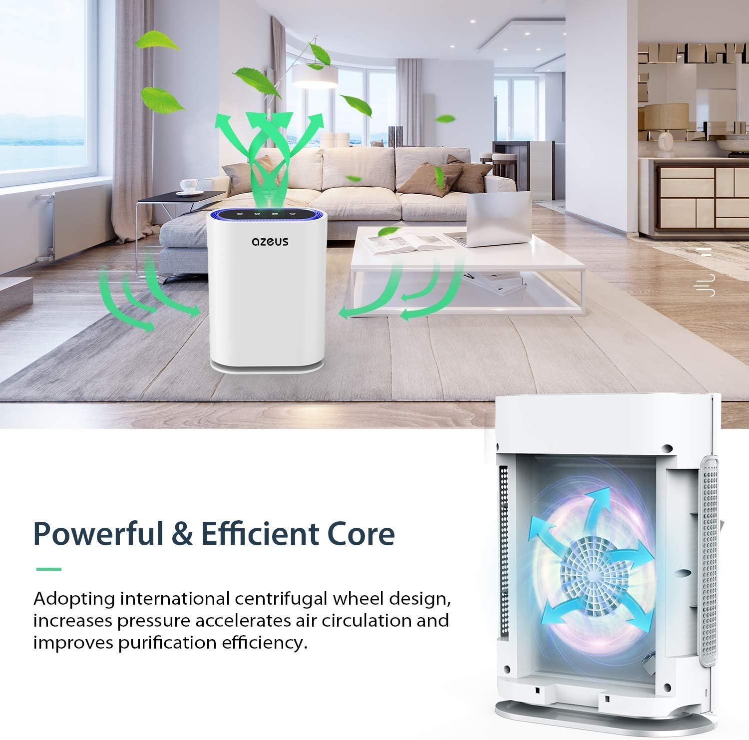 AZEUS 7-in-1 Air Purifier for Large Room to 540 ft²,True HEPA Filter with UV-C Sanitizer and Smart Sensor, Eliminates Germs, Filters Allergies, Pollen, Smoke, Dust Pet Dander, Mold Odors,Night Light: Home & Kitchen