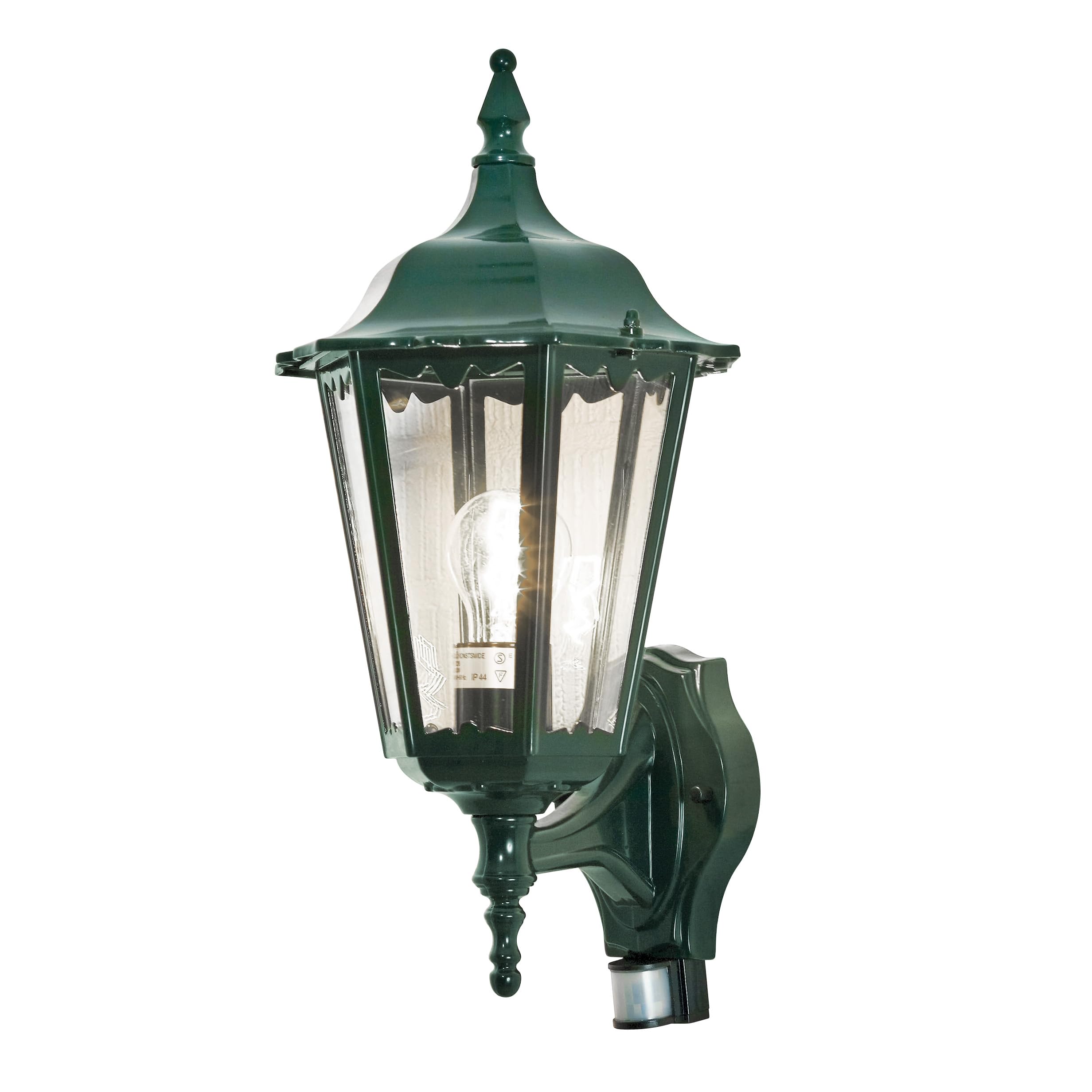 Konstsmide Outdoor Wall Light Mains Powered/Firenze Up Traditional Lantern with PIR Sensor Motion Detector/1 x 100 W E27 Max Lamp/Clear Acylic Glass/Aluminium/IP43/Outside Light Green