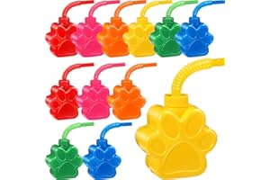 SRATTE Dog Paw Cups 10 oz Paw Dog Party Favors, Cute Print Plastic Puppy Straw Cup Bulk with Lids for Kids PET Dog Birthday Party Supplies Decorations (12 Pieces)