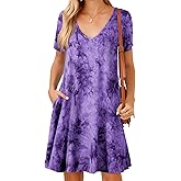 JollieLovin Women T Shirt Plus Size Summer Swing Dresses Short Sleeve V Neck Loose Casual Dress(L-5X)