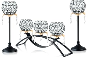 Kehail Set of 3 Gold Crystal Tea Light Candlestick Holders Flower Shape with Crystal Pendant Bowl Votive Metal Candle Holder for Table Centerpieces Wedding Home Decor (Set of 3, Black+Gold)