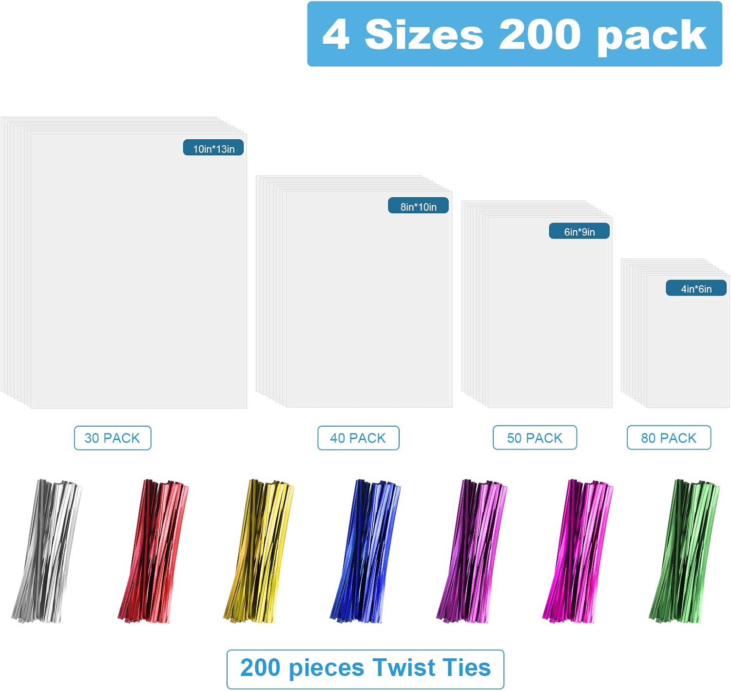4 Sizes 200 Pieces Clear Plastic Cellophane Bags Cello Treat Bags with Mix Colors Twist Ties for Christmas Birthday Holiday Party Favor Wrappers() - Image 3