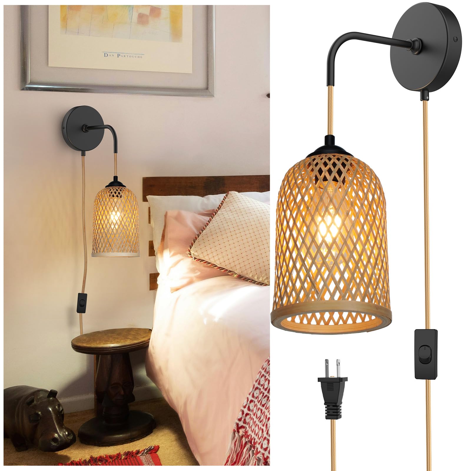 tebio Plug in Wall Sconces,Handwoven Boho Wall Decor, Plug in Wall
