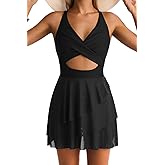 EVOCRCO Women One Piece Swim Dress Tummy Control Mesh Swimsuits Wrap Sarong Bathing Suit V Neck Slimming Swimwear